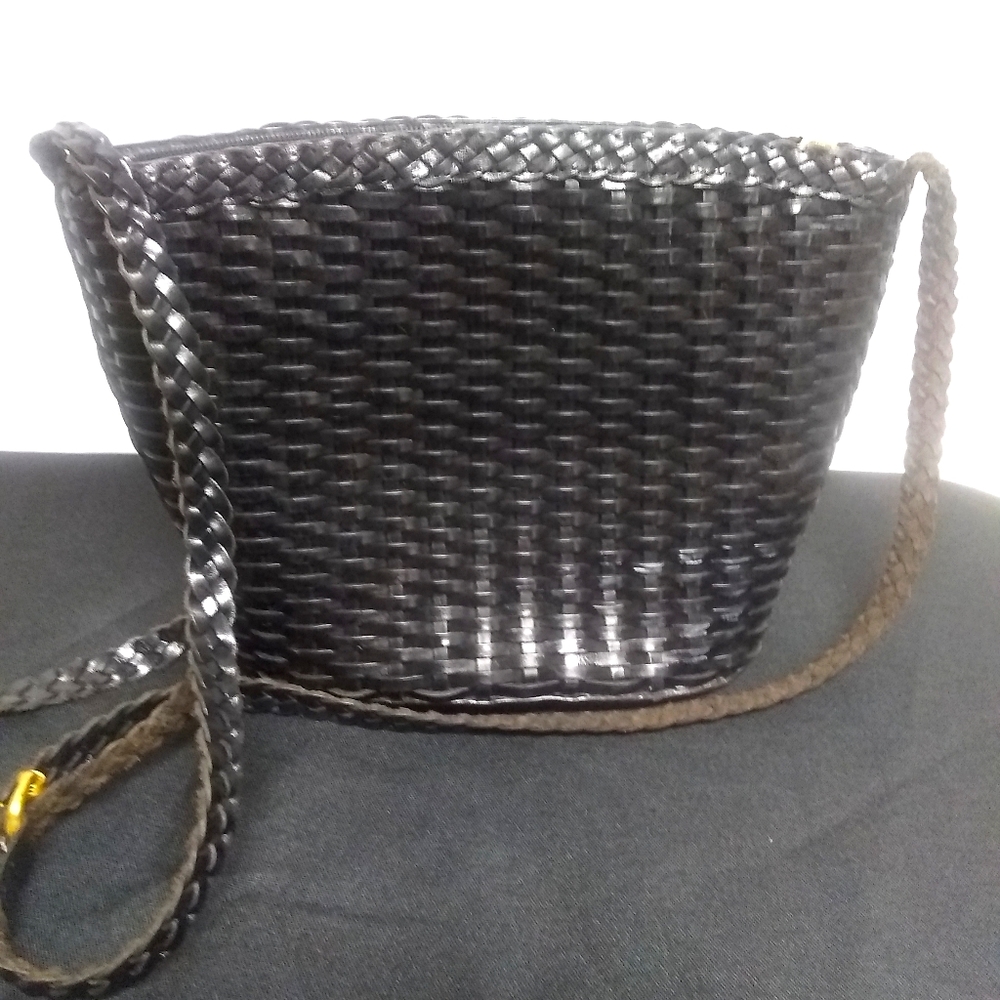 Genuine leather weaved black purse
